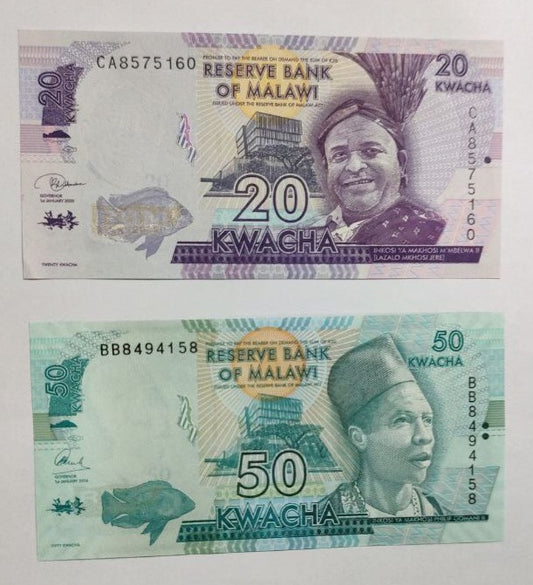 Malawi 20 and 50 Kwacha set UNC Banknote - ZealHobbieZ
