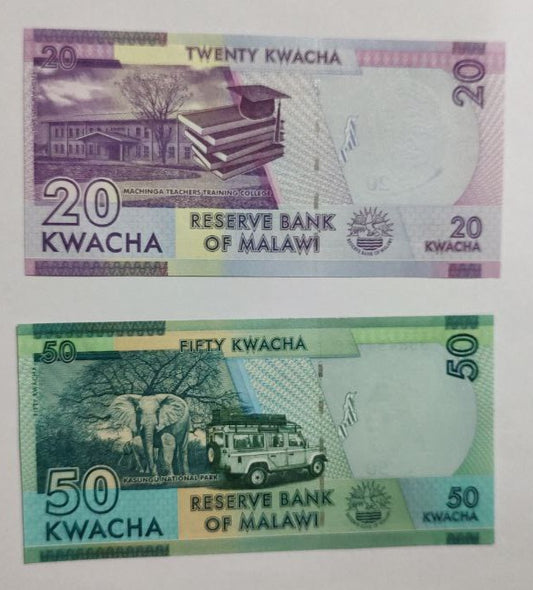 Malawi 20 and 50 Kwacha set UNC Banknote - ZealHobbieZ