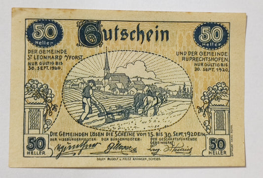 Austria notgeld ( Municipalities of Sankt Leonhard am Forst and Ruprechtshofen) 50 heller 1920 used