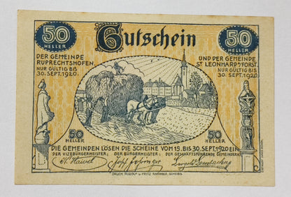 Austria notgeld ( Municipalities of Sankt Leonhard am Forst and Ruprechtshofen) 50 heller 1920 used