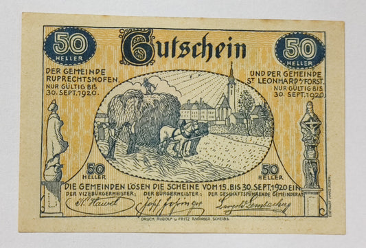 Austria notgeld ( Municipalities of Sankt Leonhard am Forst and Ruprechtshofen) 50 heller 1920 used