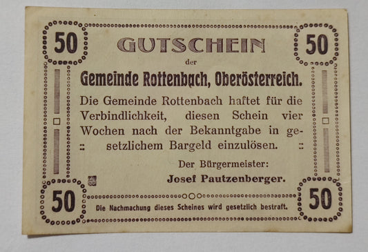 Austria notgeld ( muncipality of rottenbach) 50 heller 1920 used