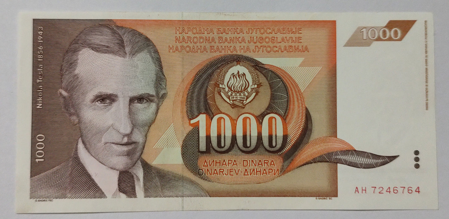 Yugoslavia 1000 Dinara 1990 P107 tesla UNC
