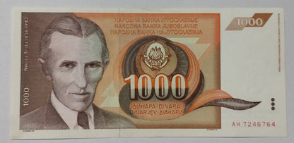 Yugoslavia 1000 Dinara 1990 P107 tesla UNC