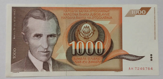 Yugoslavia 1000 Dinara 1990 P107 tesla UNC