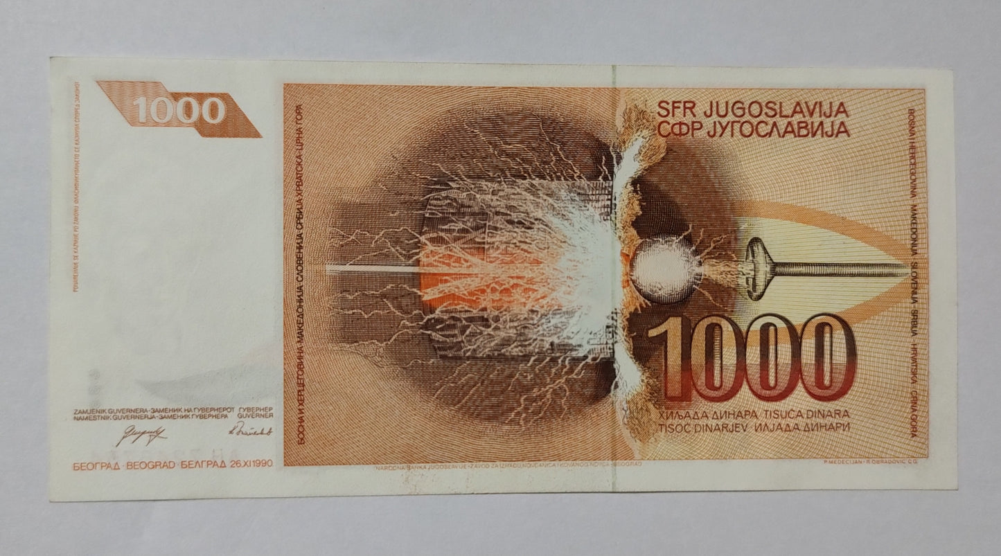 Yugoslavia 1000 Dinara 1990 P107 tesla UNC