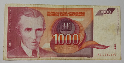 Yugoslavia 1000 Dinara 1992 P114 Tesla Used Note