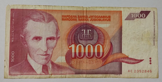 Yugoslavia 1000 Dinara 1992 P114 Tesla Used Note