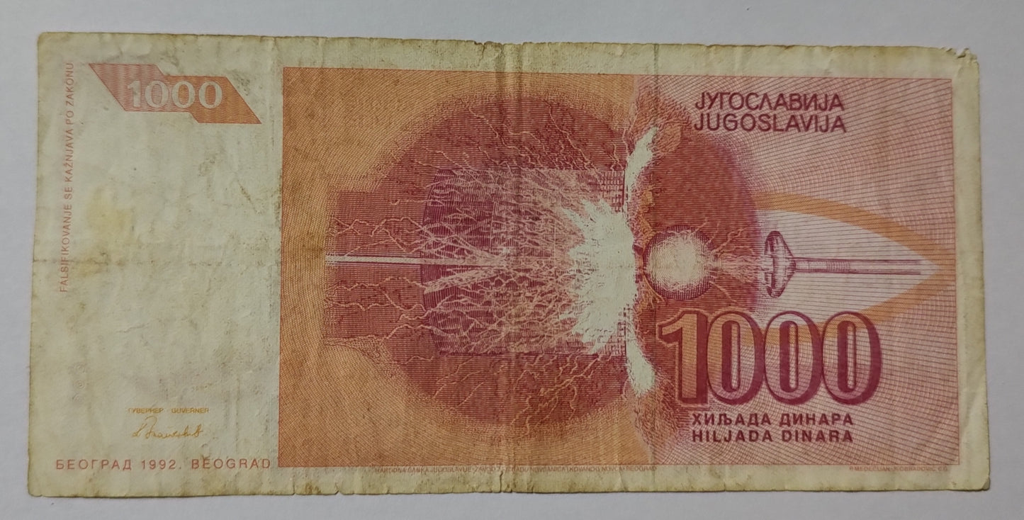 Yugoslavia 1000 Dinara 1992 P114 Tesla Used Note