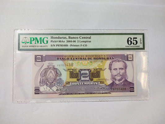 PMG Certified Honduras 2 Lempiras 2004-06 P80Ae UNC
