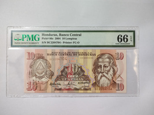 PMG Certified Honduras 10 Lempiras 2004 P86c UNC