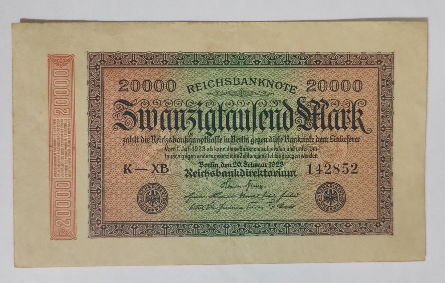 Germany 20000 mark Reichsbanknote  1923 P85a Used N1 (series XB)