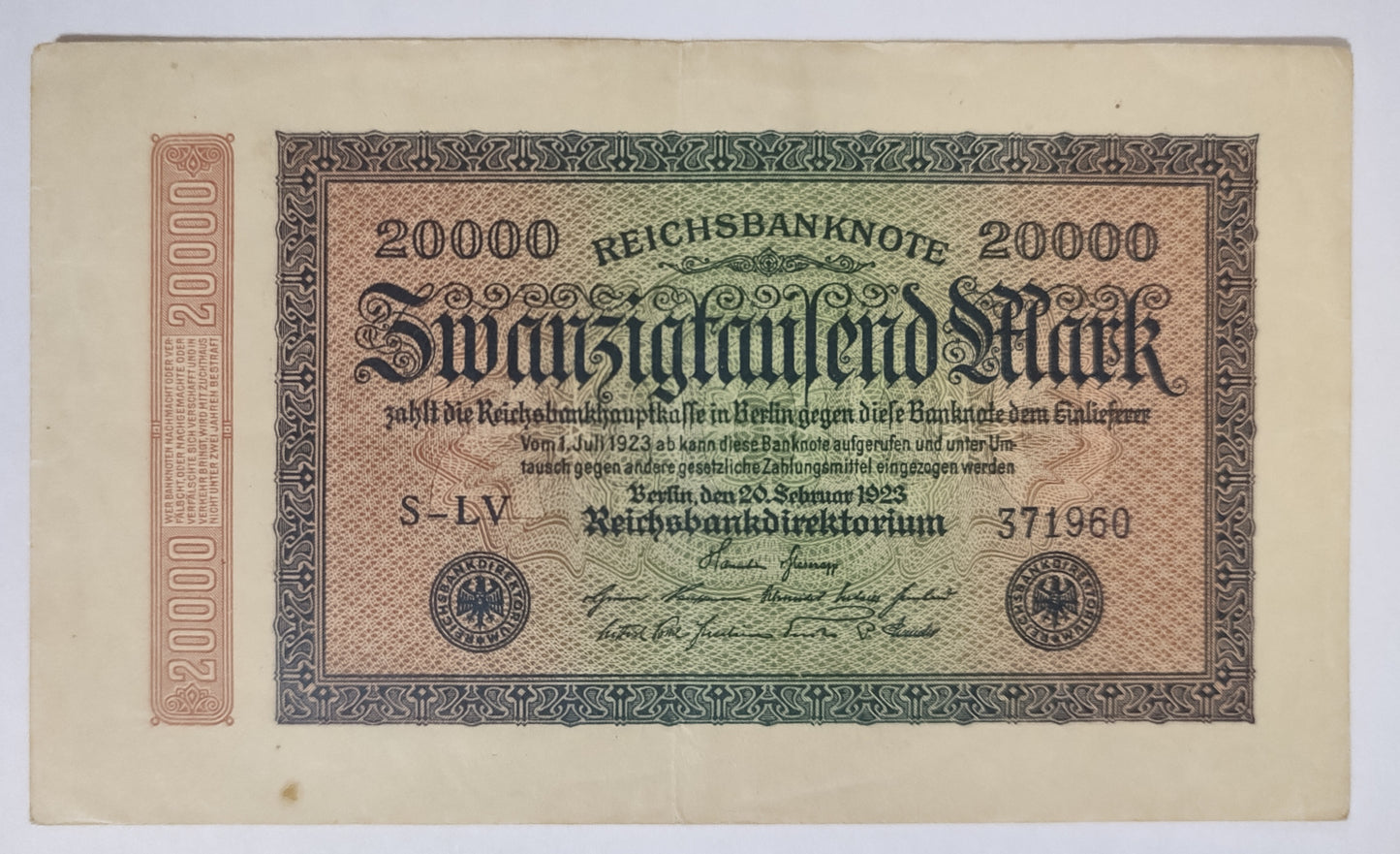 Germany 20000 mark Reichsbanknote  1923 P85a Used N2 (Series LV)