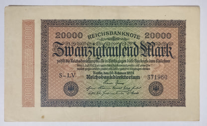 Germany 20000 mark Reichsbanknote  1923 P85a Used N2 (Series LV)