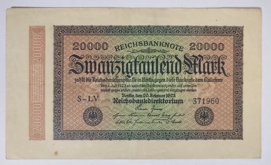 Germany 20000 mark Reichsbanknote  1923 P85a Used N2 (Series LV)