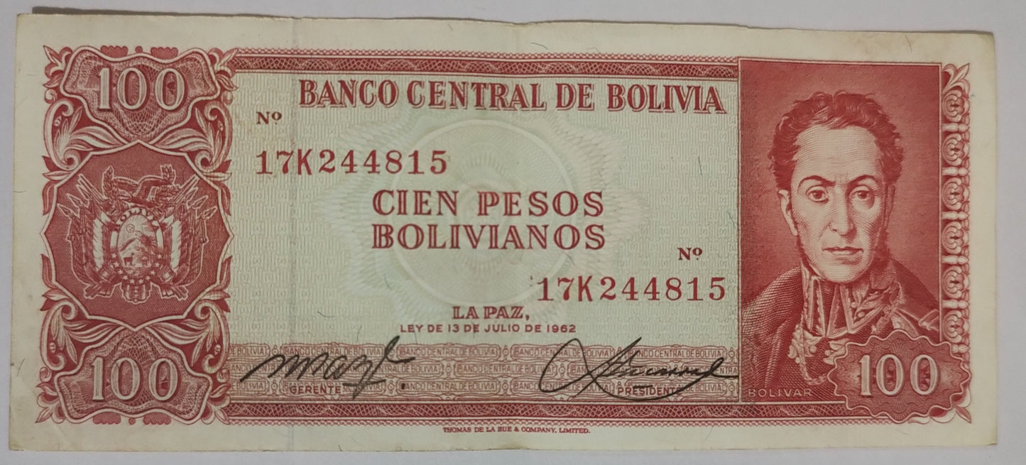 Bolivia 100 pesos bolivianos 1982 P164A used  (series K)