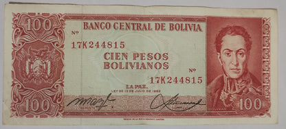 Bolivia 100 pesos bolivianos 1982 P164A used  (series K)