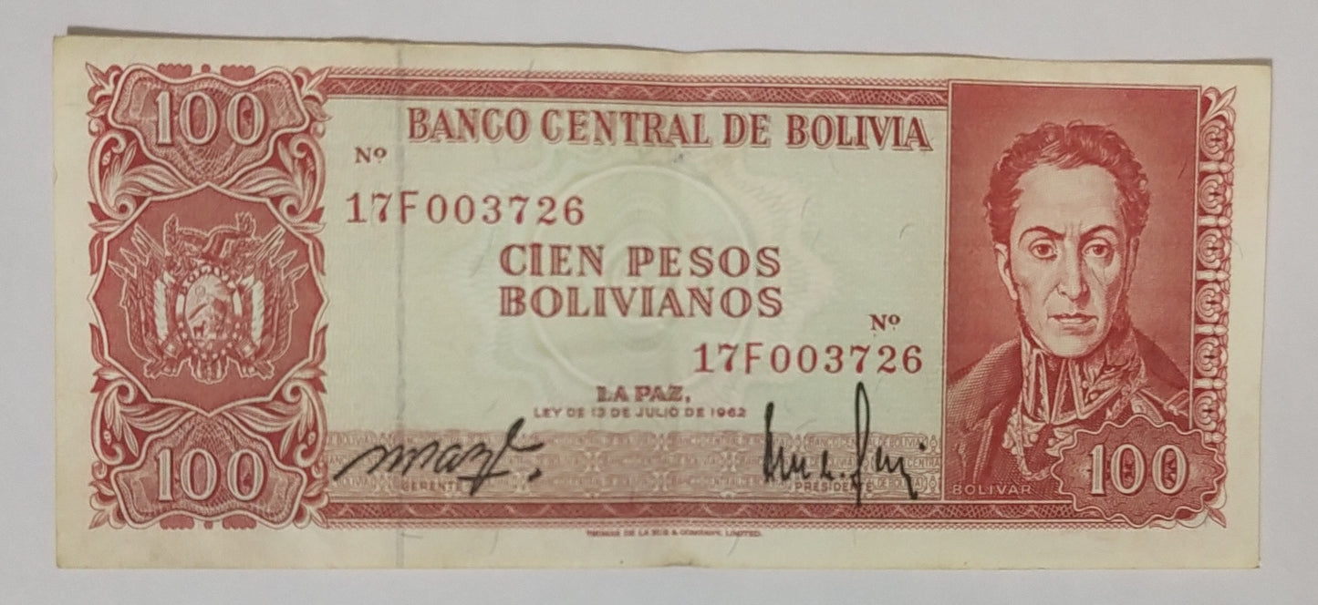 Bolivia 100 pesos bolivianos 1982 P164A used  (series F)