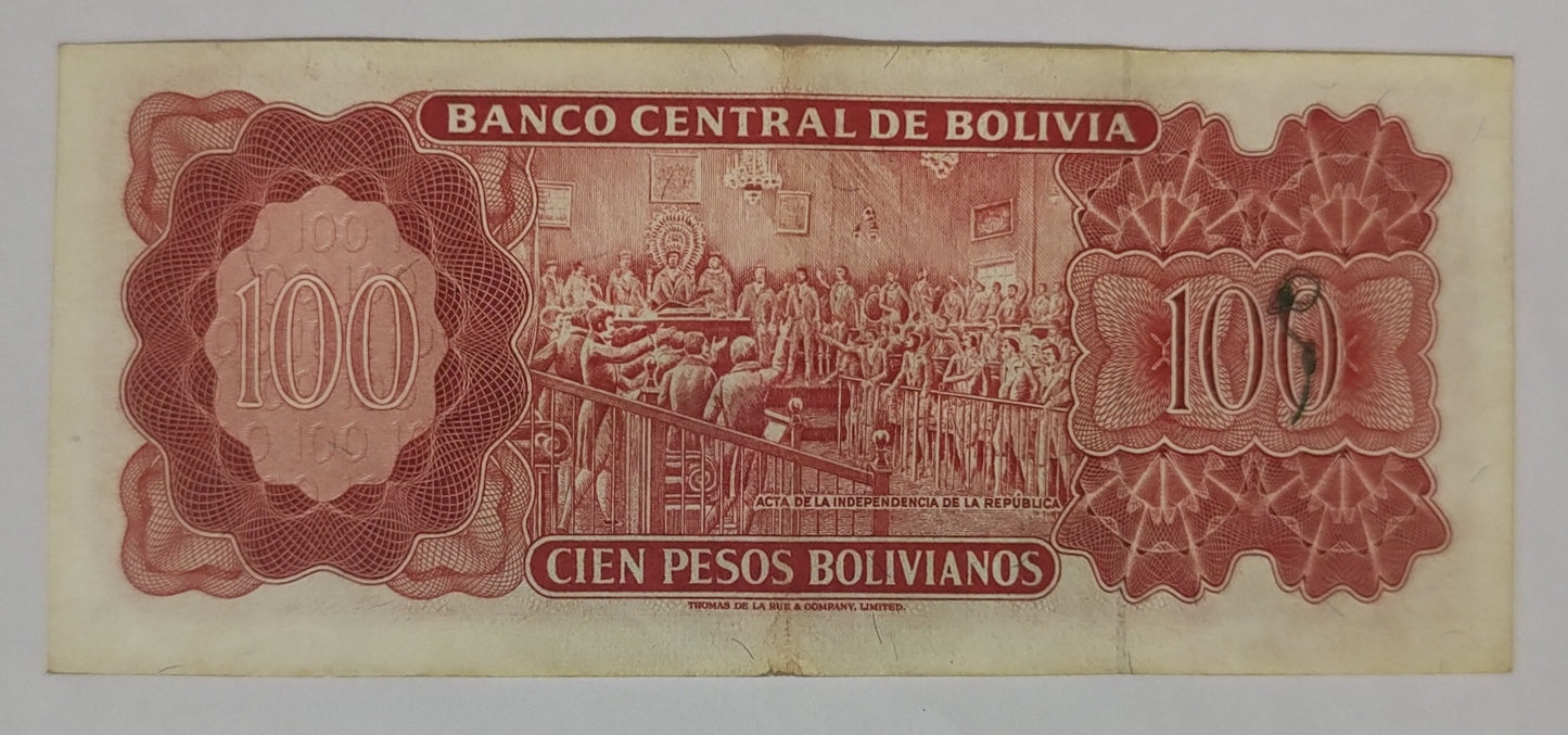 Bolivia 100 pesos bolivianos 1982 P164A used  (series F)