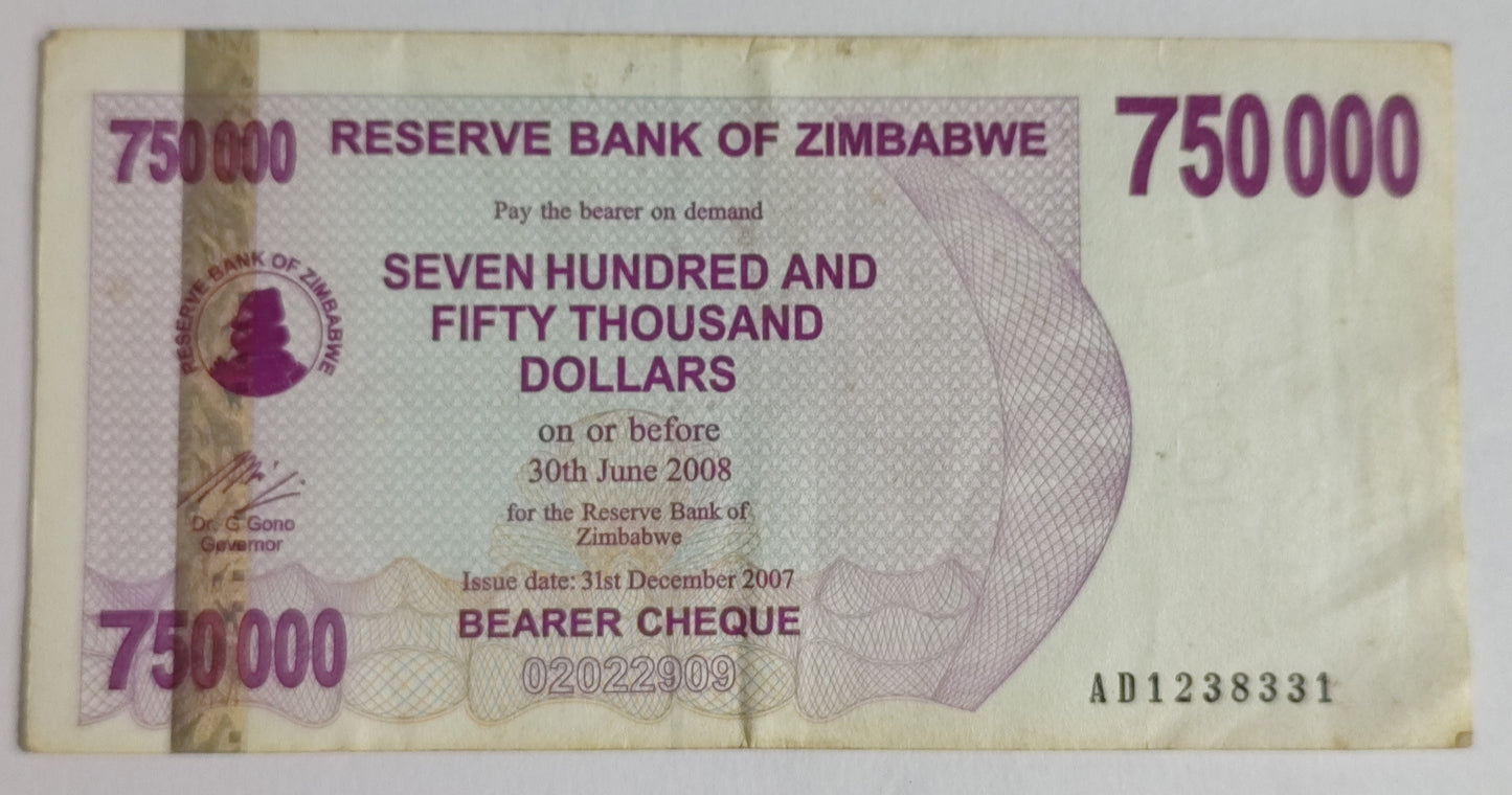 Zimbabwe 750 000 Dollars Bearer Cheque  2007 P52 N1 Used