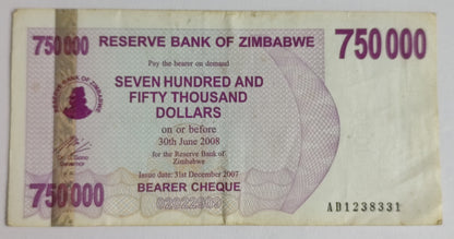 Zimbabwe 750 000 Dollars Bearer Cheque  2007 P52 N1 Used