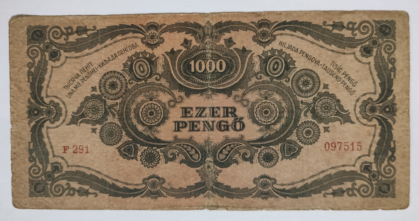 Hungary 1000 pengo 1945 P118b Stapmed used note