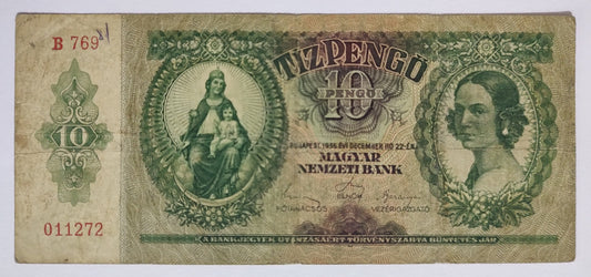 Hungary 10 pengo 1936  P100 used 2 (Mary and baby Jesus)