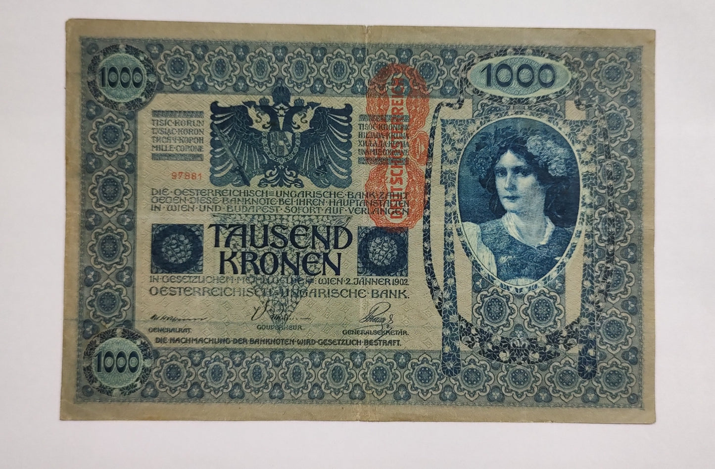 Austria 1000 Kronor 1919 P59 N4 - Used Banknote (overprint note)