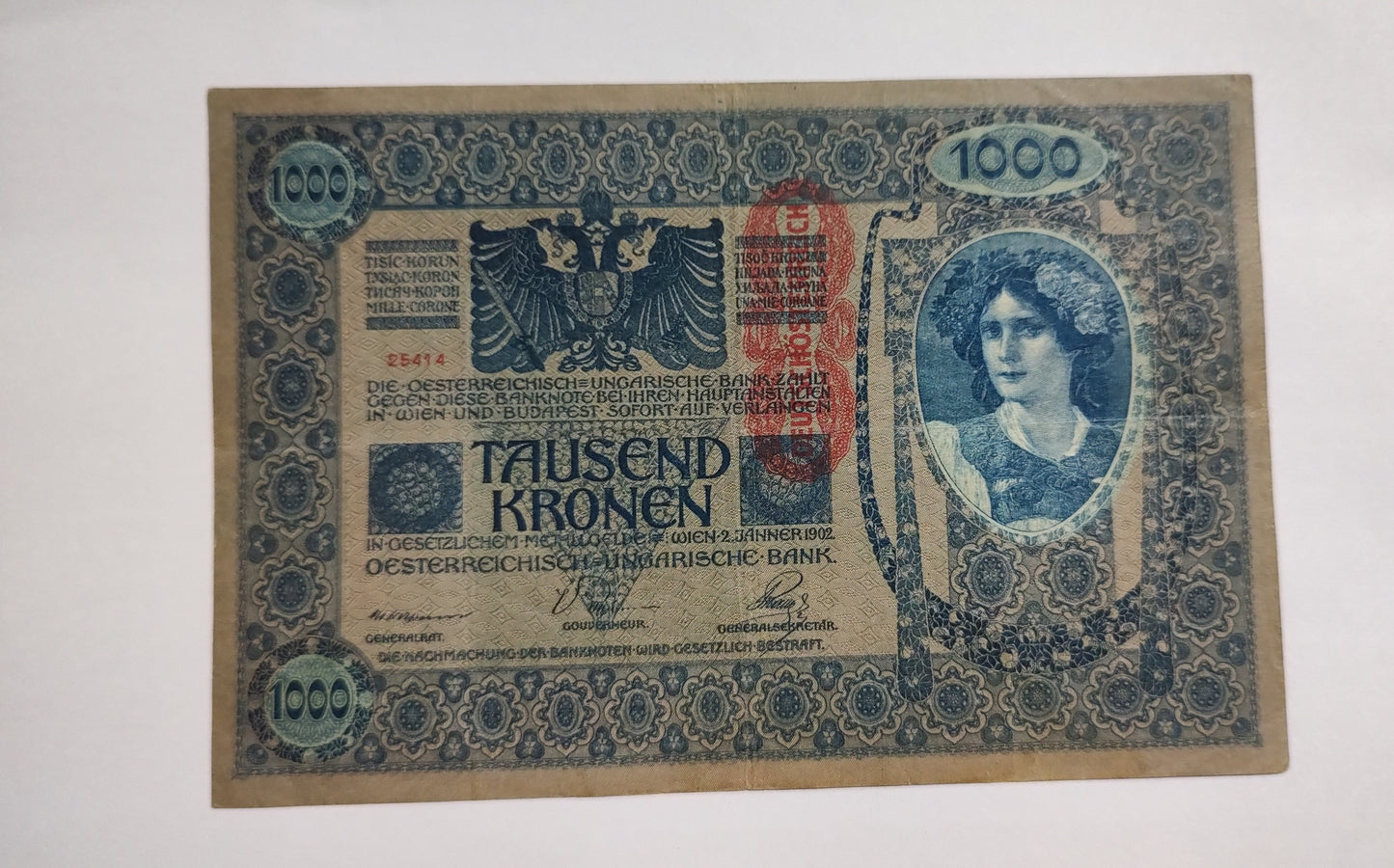 Austria 1000 Kronor 1919 P59 N2 - Used Banknote (overprint note)