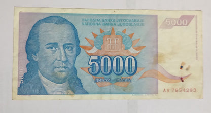 Yugoslavia 5000 Dinara 1994 P141 - Hyperinflation Banknote N1