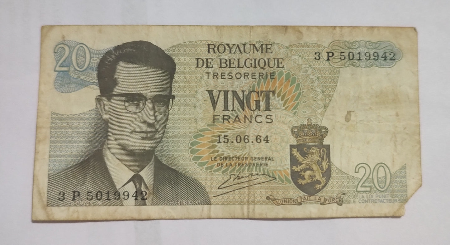 Belgium 20 Francs 1964 Baudouin I Damaged Banknote - ZealHobbieZ