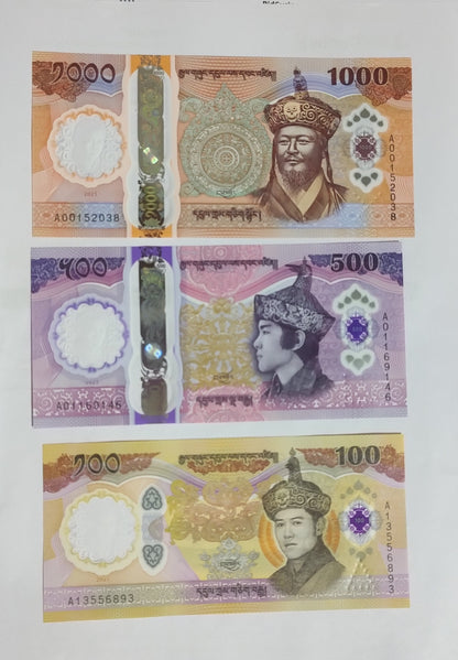 Bhutan 100, 500,1000 Ngultrum polymer 2025 UNC