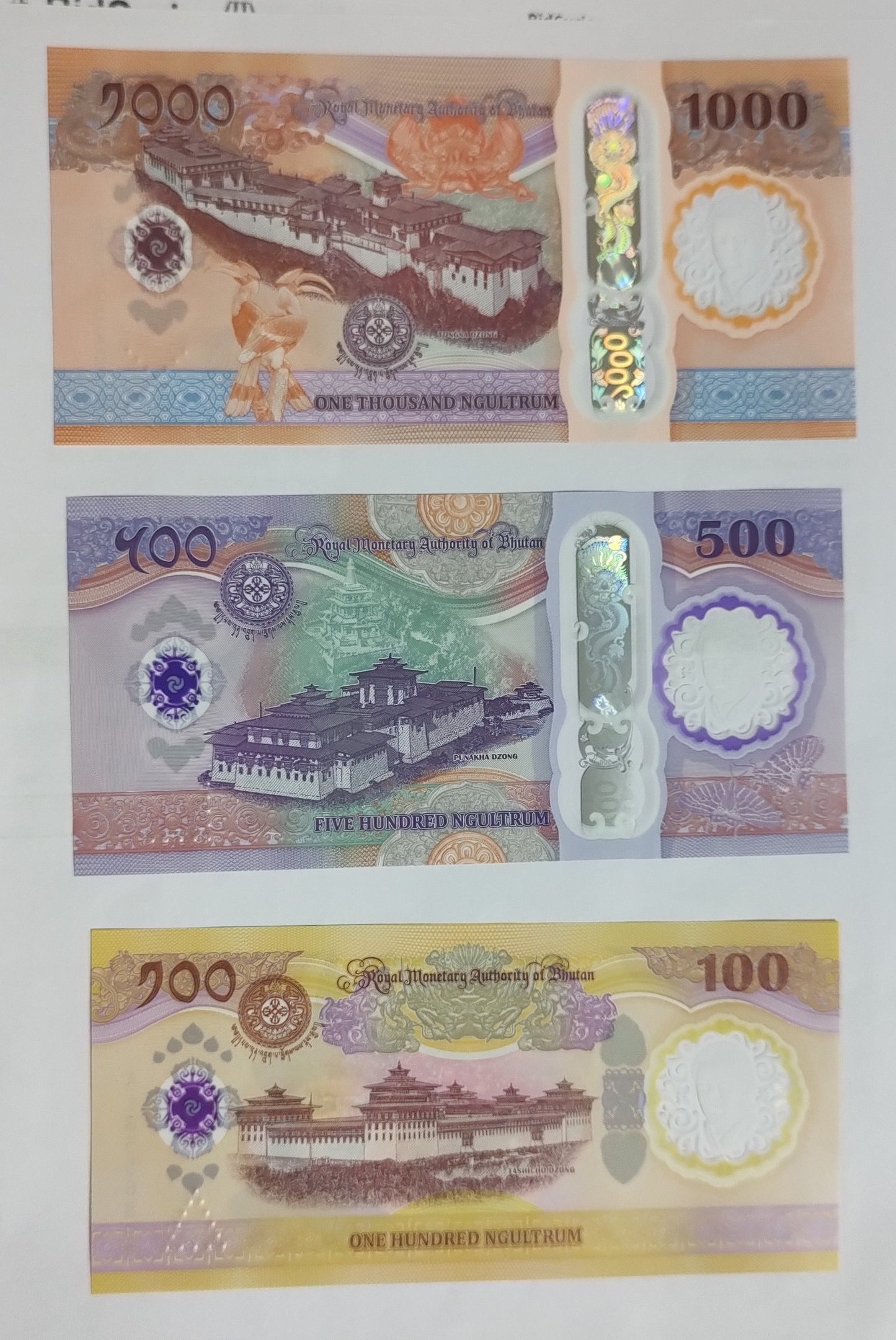Bhutan 100, 500,1000 Ngultrum polymer 2025 UNC
