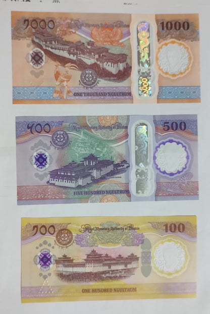Bhutan 100, 500,1000 Ngultrum polymer 2025 UNC