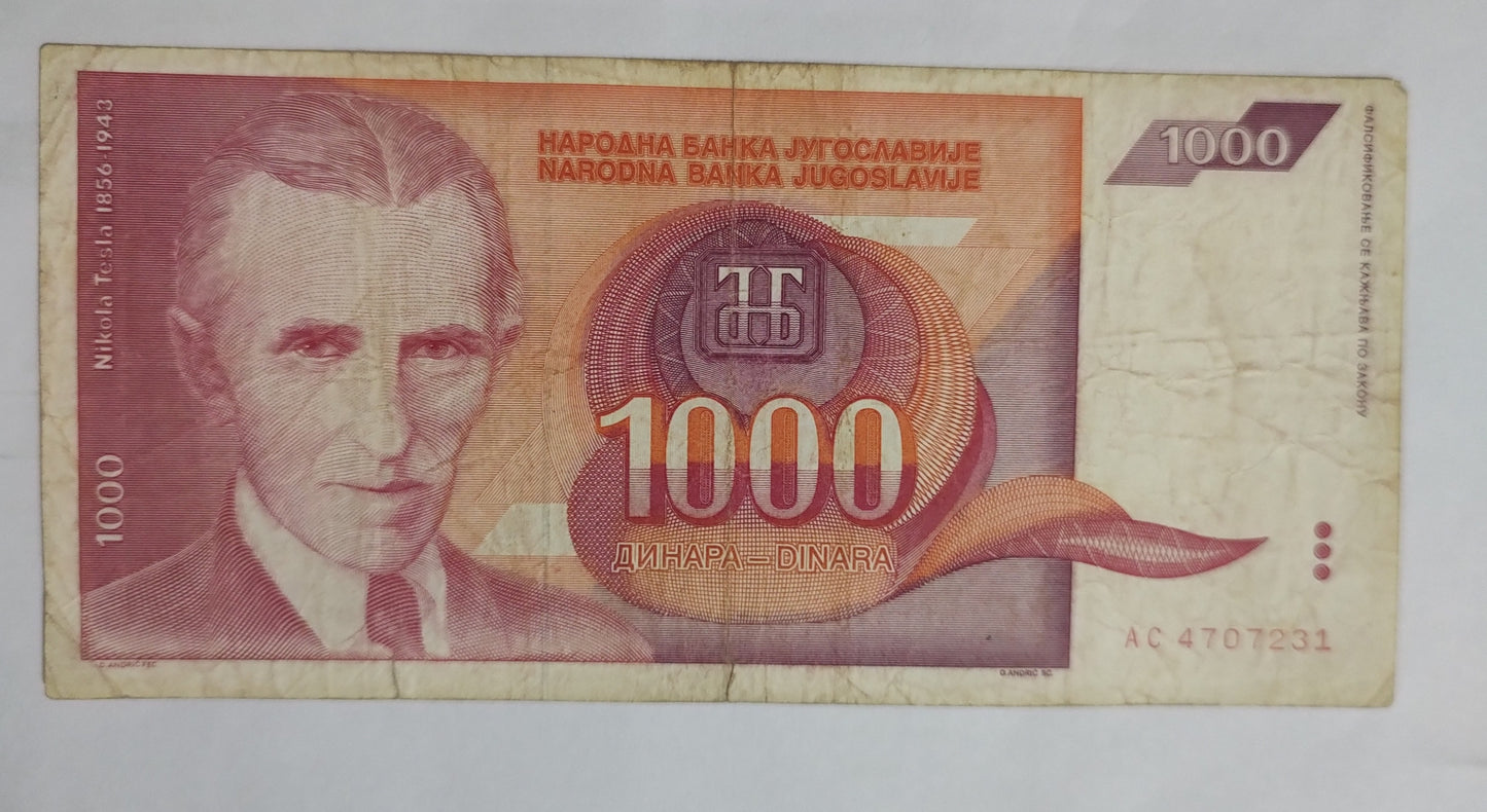 Yugoslavia 1000 Dinara 1992 P114 Tesla Used Note N2
