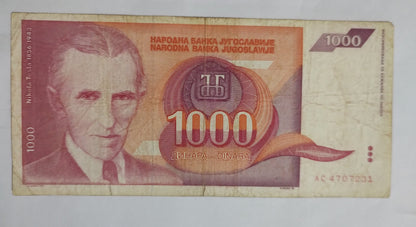 Yugoslavia 1000 Dinara 1992 P114 Tesla Banknote - World Bank note collection N1
