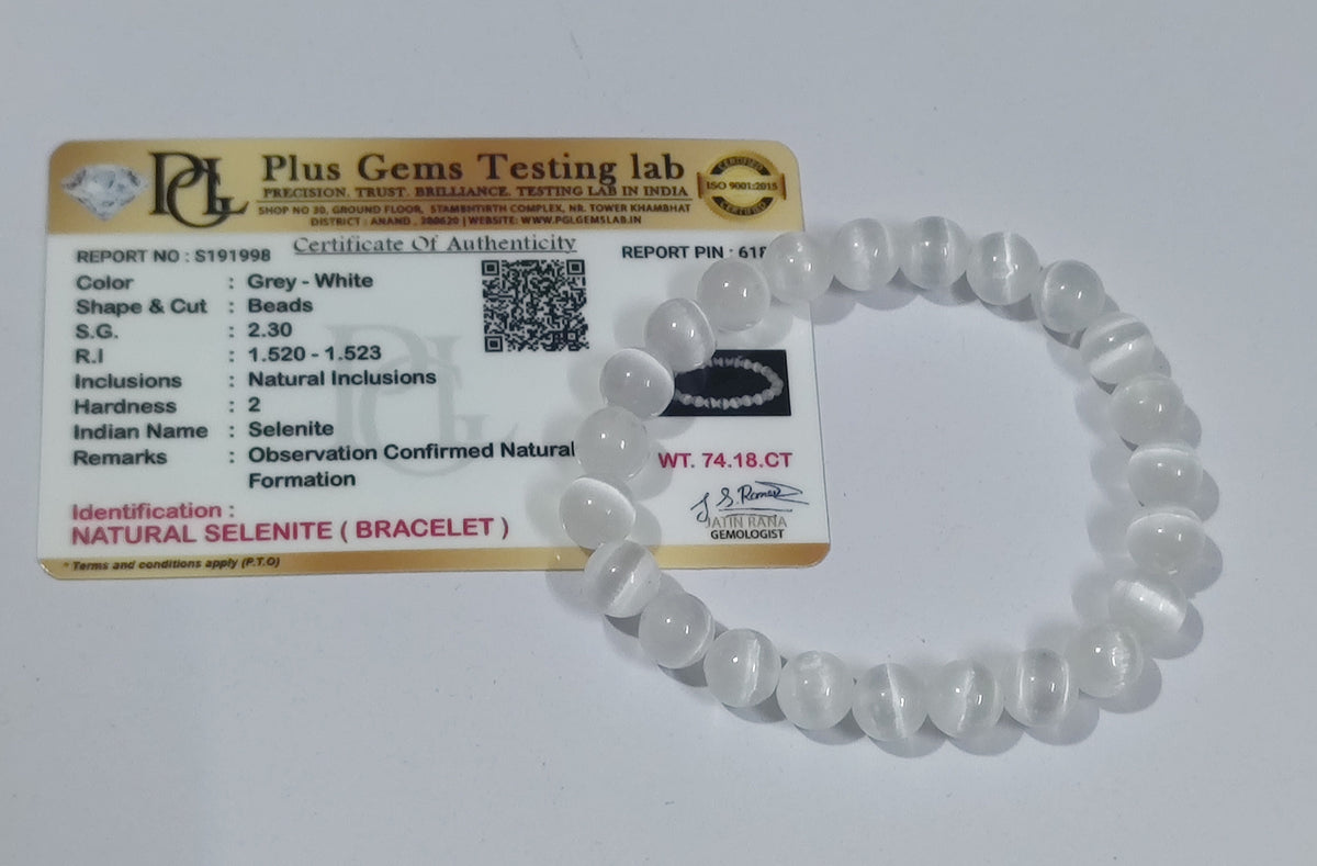 Selenite Crystal Bracelet – 8mm Beads with Certificate