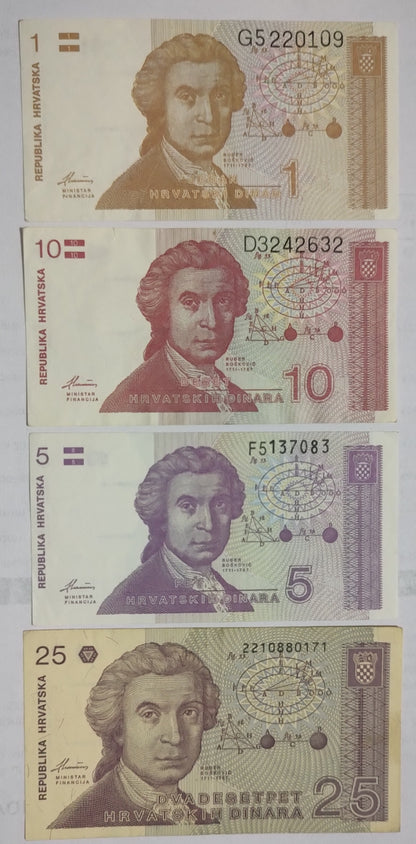 Croatia 1991 Banknote Set – 1, 5, 10 & 25 Dinara (4 Notes)