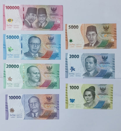Indonesia SET of 7 Notes (1000,2000,5000,10000,20000,50000,100000)ALL UNC
