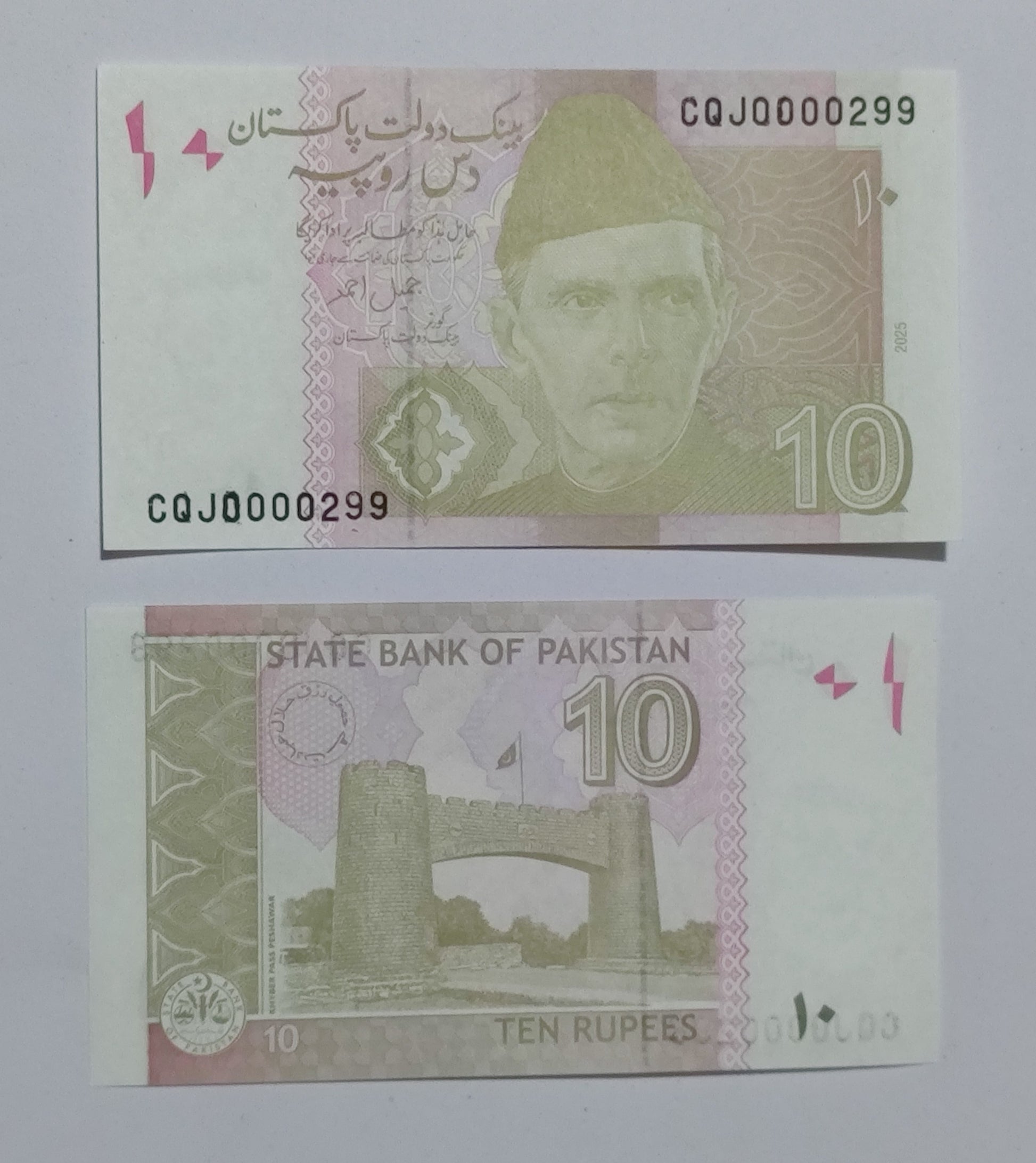 Two Pakistani ten rupees banknotes on a light gray background