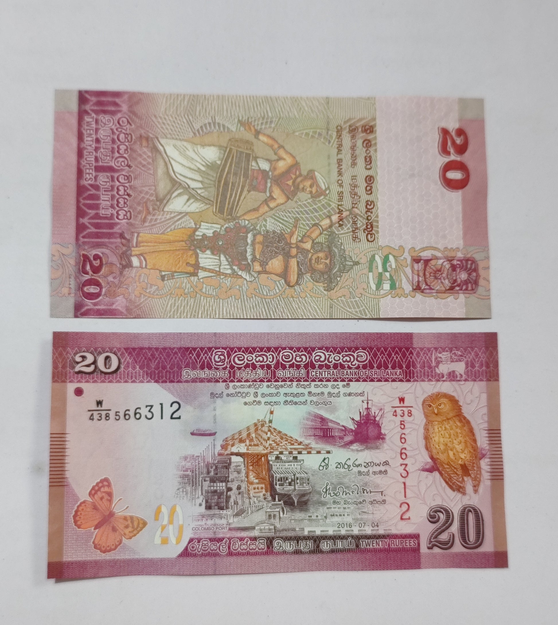 Two Sri Lankan banknotes, one with a woman and the other with an owl, on a white background.