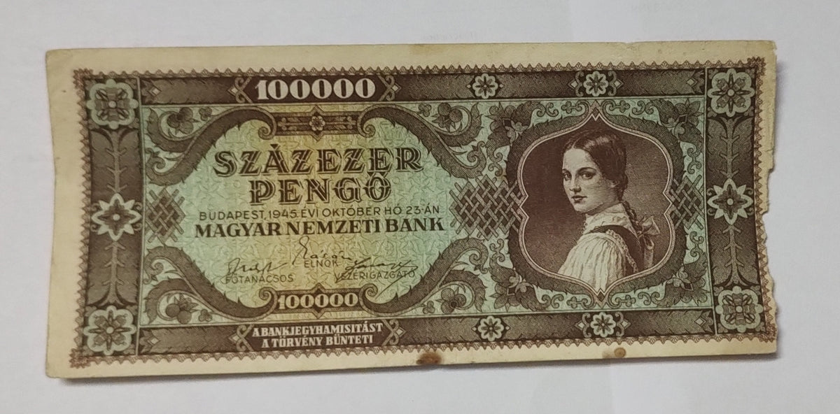 Hungary 100 000 Pengo 1945 (brown) P121 Heavily Used N2 Banknote