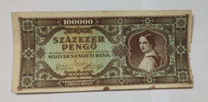 Hungary 100 000 Pengo 1945 (brown) P121 Heavily Used N2 Banknote