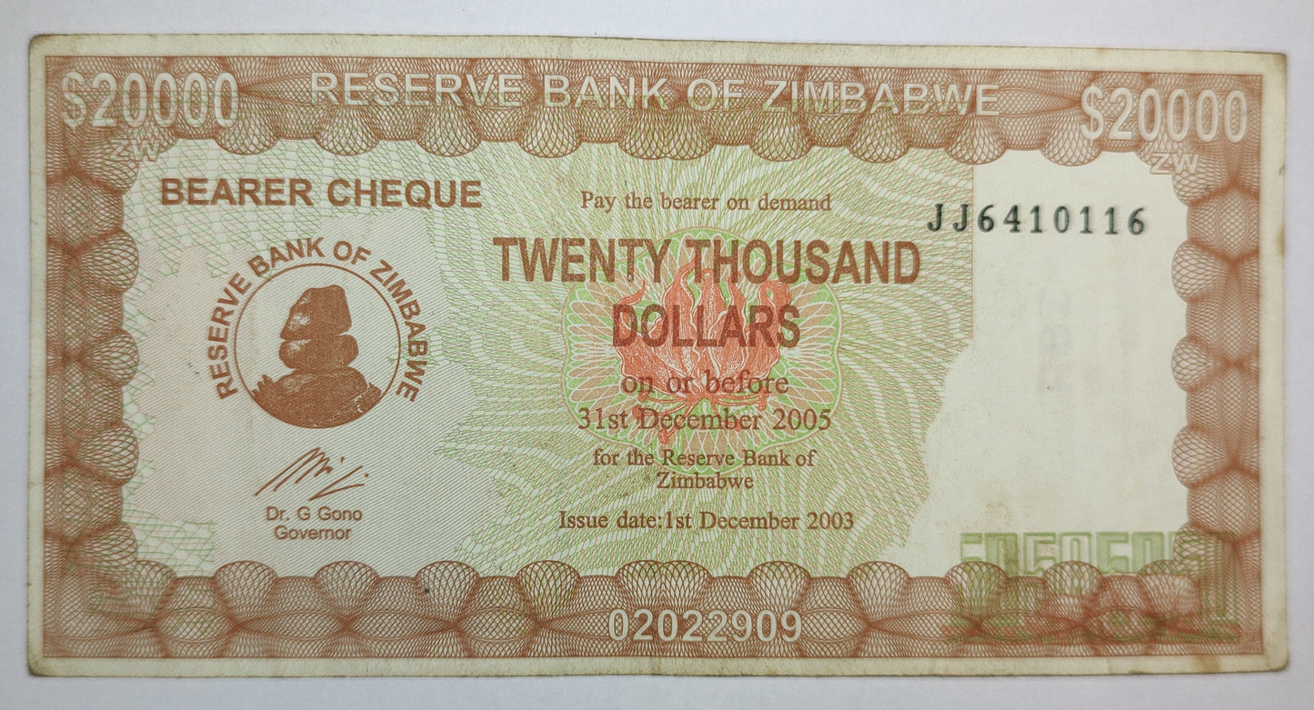 zimbabwe 20 thousand dollars bearer cheque 2003 P23 Used