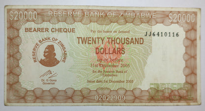 zimbabwe 20 thousand dollars bearer cheque 2003 P23 Used