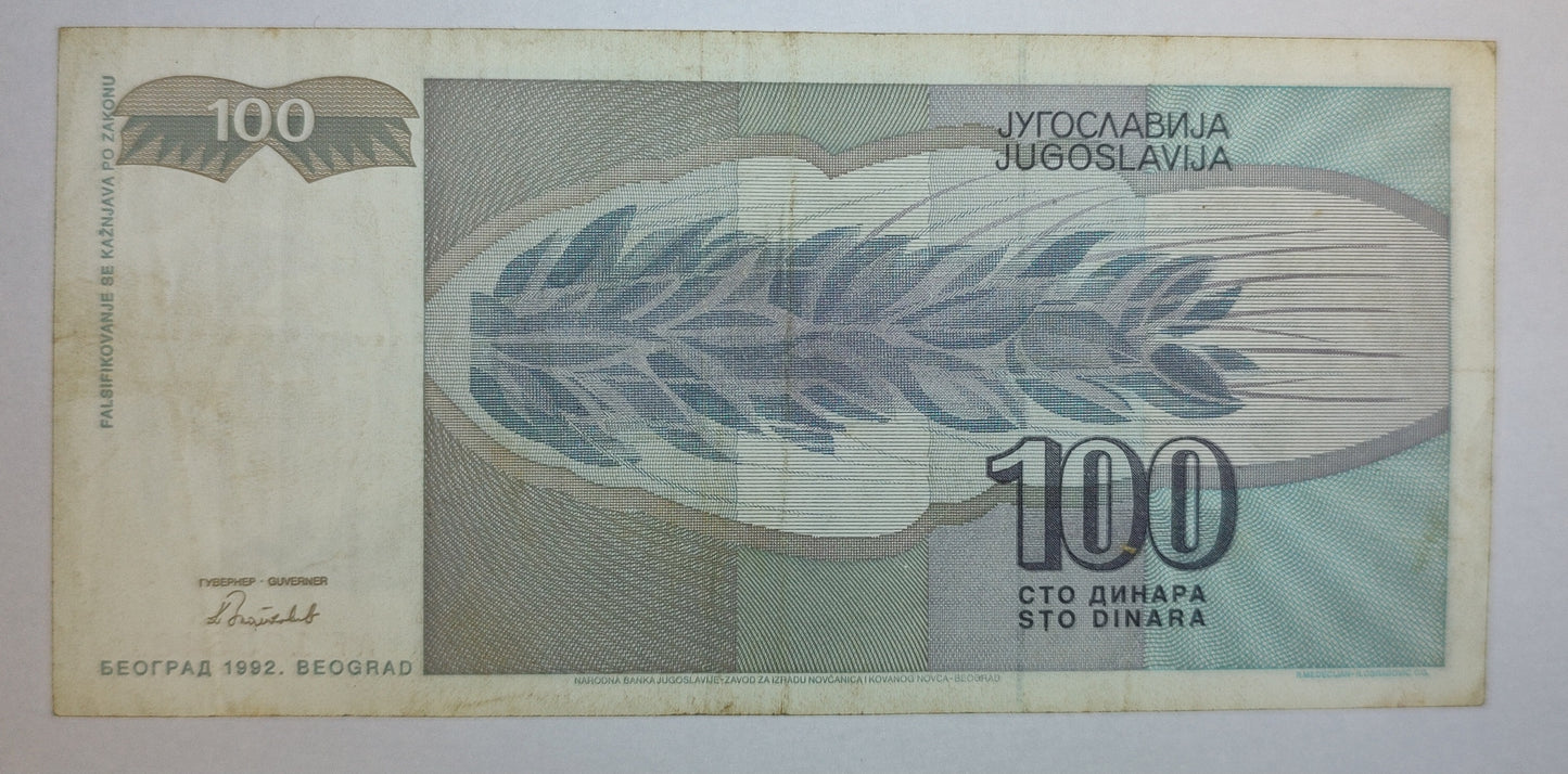 Yugoslavia 100 Dinara 1992 P112 Used - World Bank note collection