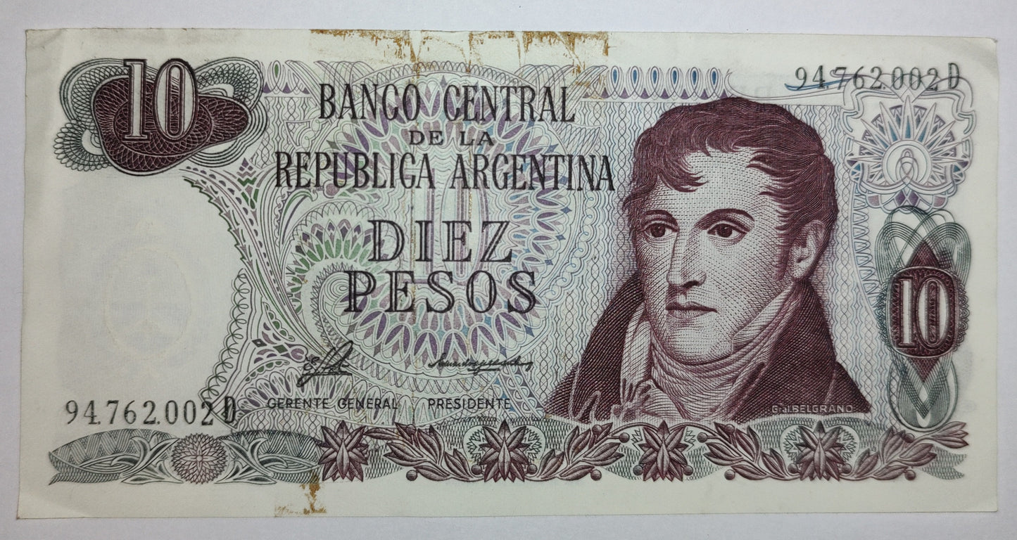 Argentina 10 Pesos 1976 P295 Used N1 - ZealHobbieZ
