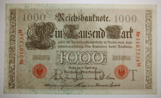 Germany 1000 Mark 1910 - P44b Used Note | World Banknote Collection (red seal)