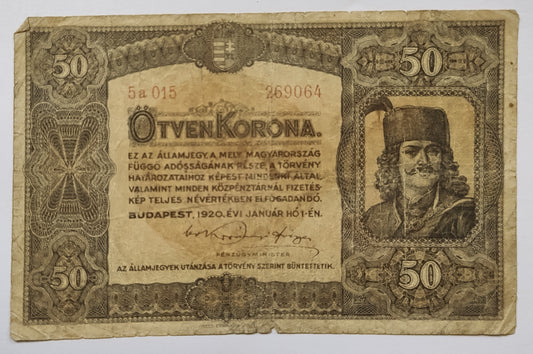Hungary 50 korona 1920 P62 used ( Ferenc Rákoczy) ( freedom fighter )
