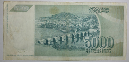 Yugoslavia 5000 Dinara 1992 P115 Used  ZealHobbieZ